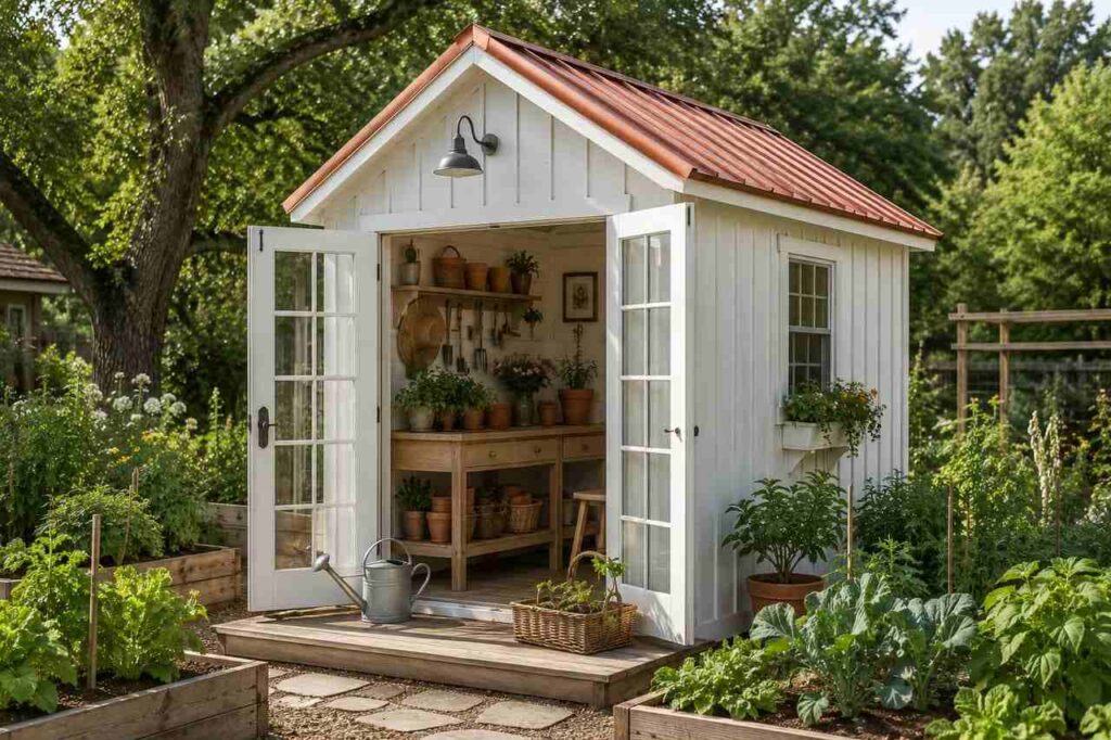 White steel structure potting shed with copper colored roof and open french doors in a garden
