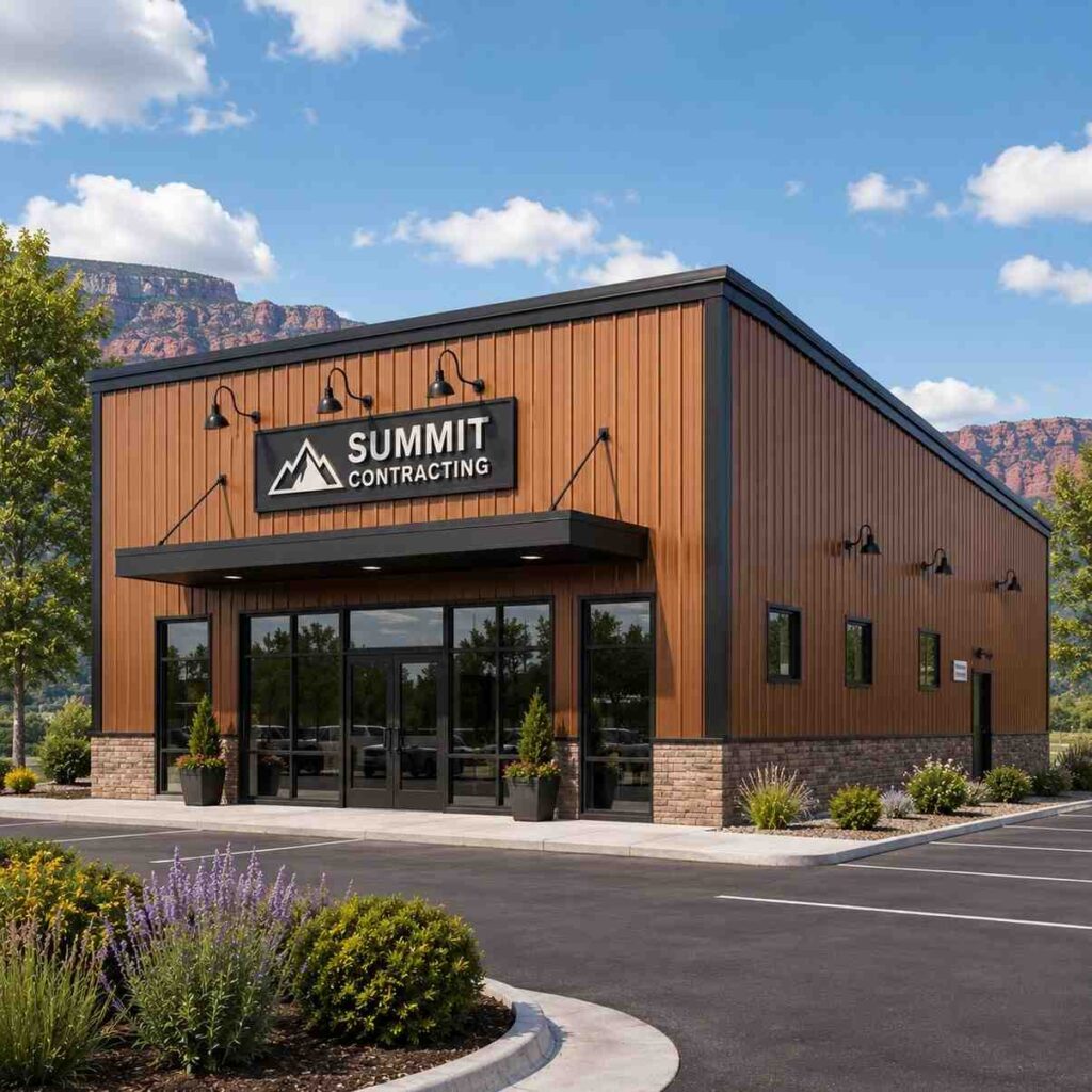 Wood-tone commercial metal building contractor office with glass storefront beneath red rock cliffs