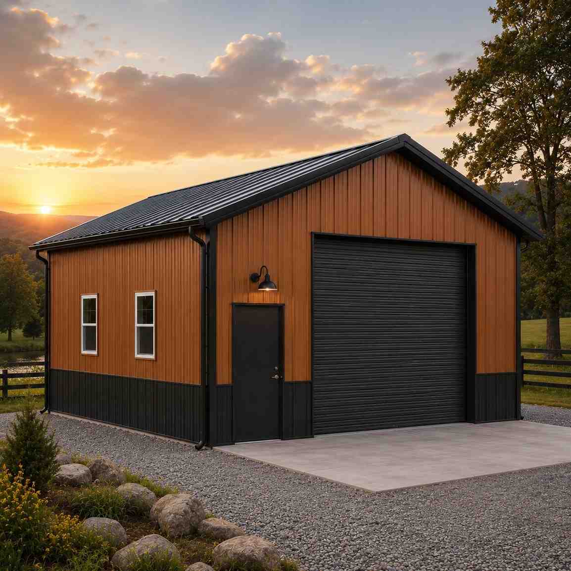 Wood tone metal garage with black roll-up door and wainscot at sunset in rolling hills