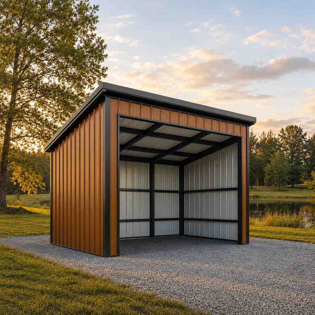 Metal workshop interior with vehicles raised on lifts, tool cabinets, and stacked tire racks